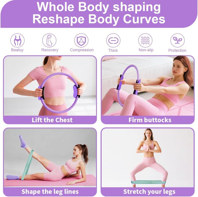 CoreHarmony Pilates Equipment Set for Women, 13-in-1 Home Pilates Workout Kit with 12.9" Ring, 9.8" Ball, 4 Fabric Resistance Loop Bands, Figure-8, Stretch Strap, Cordless Jump Rope, Yoga Socks & Carry Bagh - Image 4